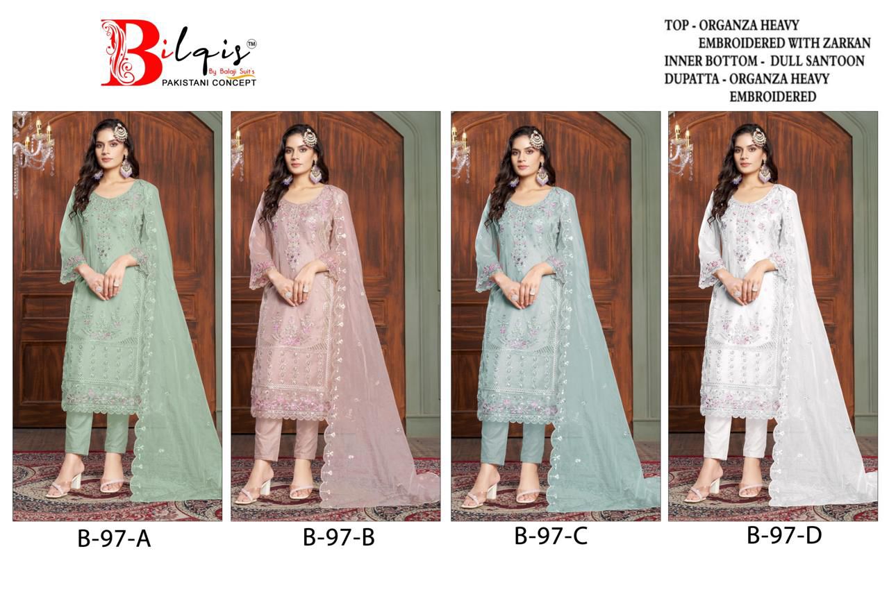 Bilqis B 97 A to D Organza Pakistani Suits Wholesale Shop in Surat
